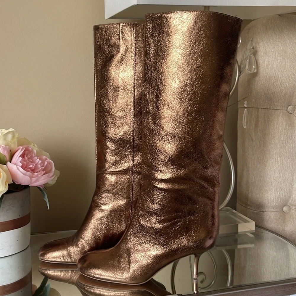 Zara Woman Metallic Kitten Heel Knee Boots Gold Bronze - Picture 2 of 15